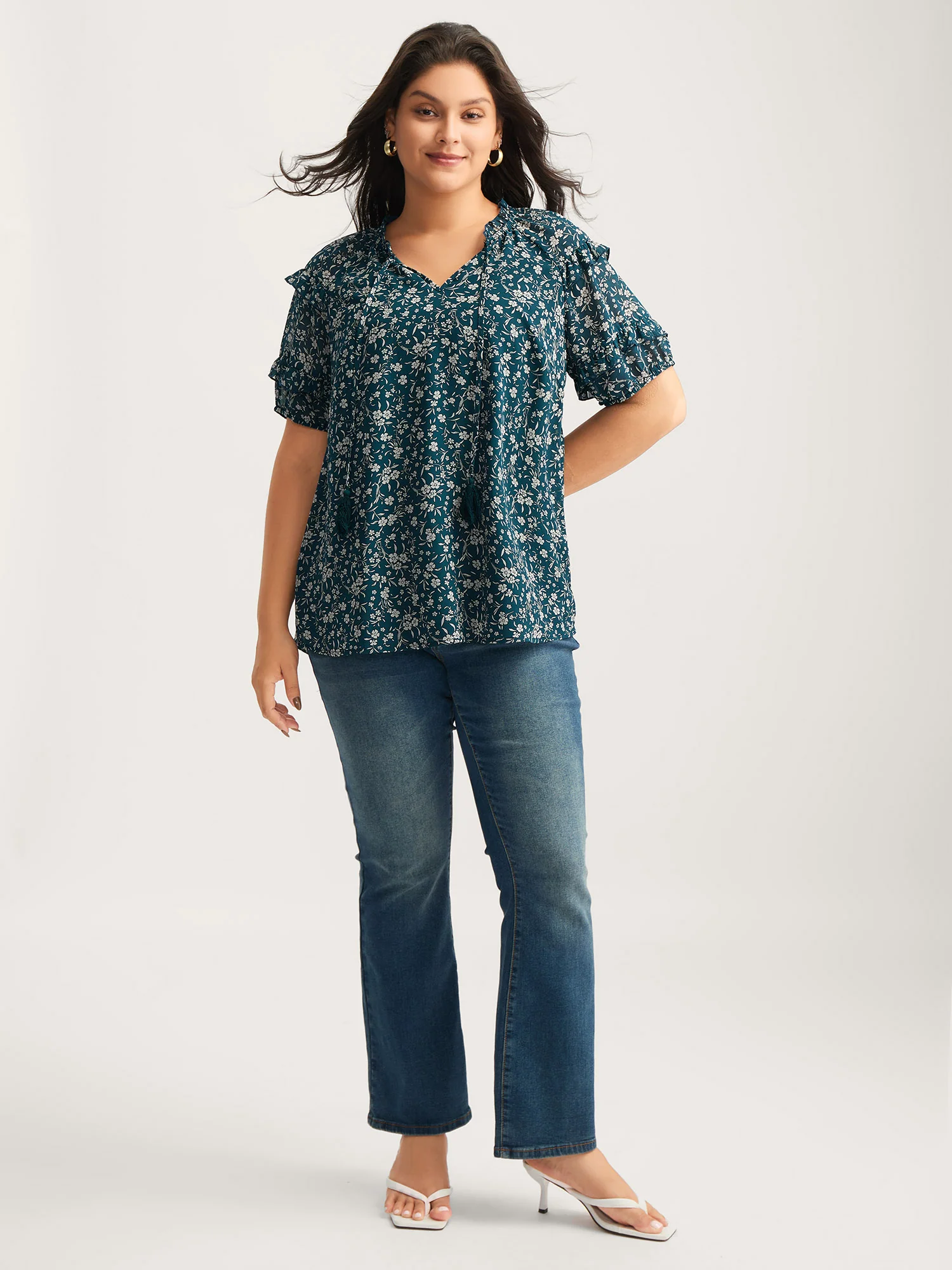 Delicate Florals Ruffled Tiered Sleeve Blouse - Image 3