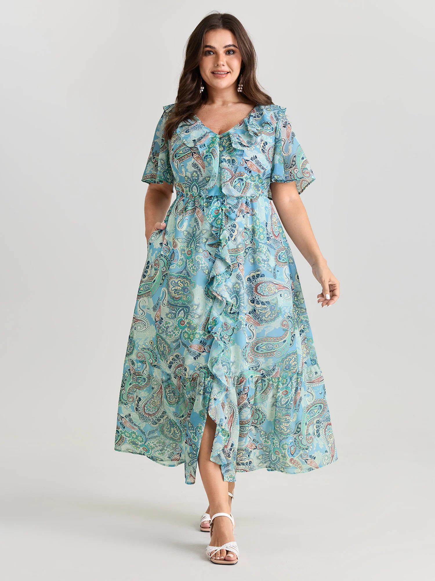 Delicate Paisley Print Ruffled Detail Maxi Dress - Image 3