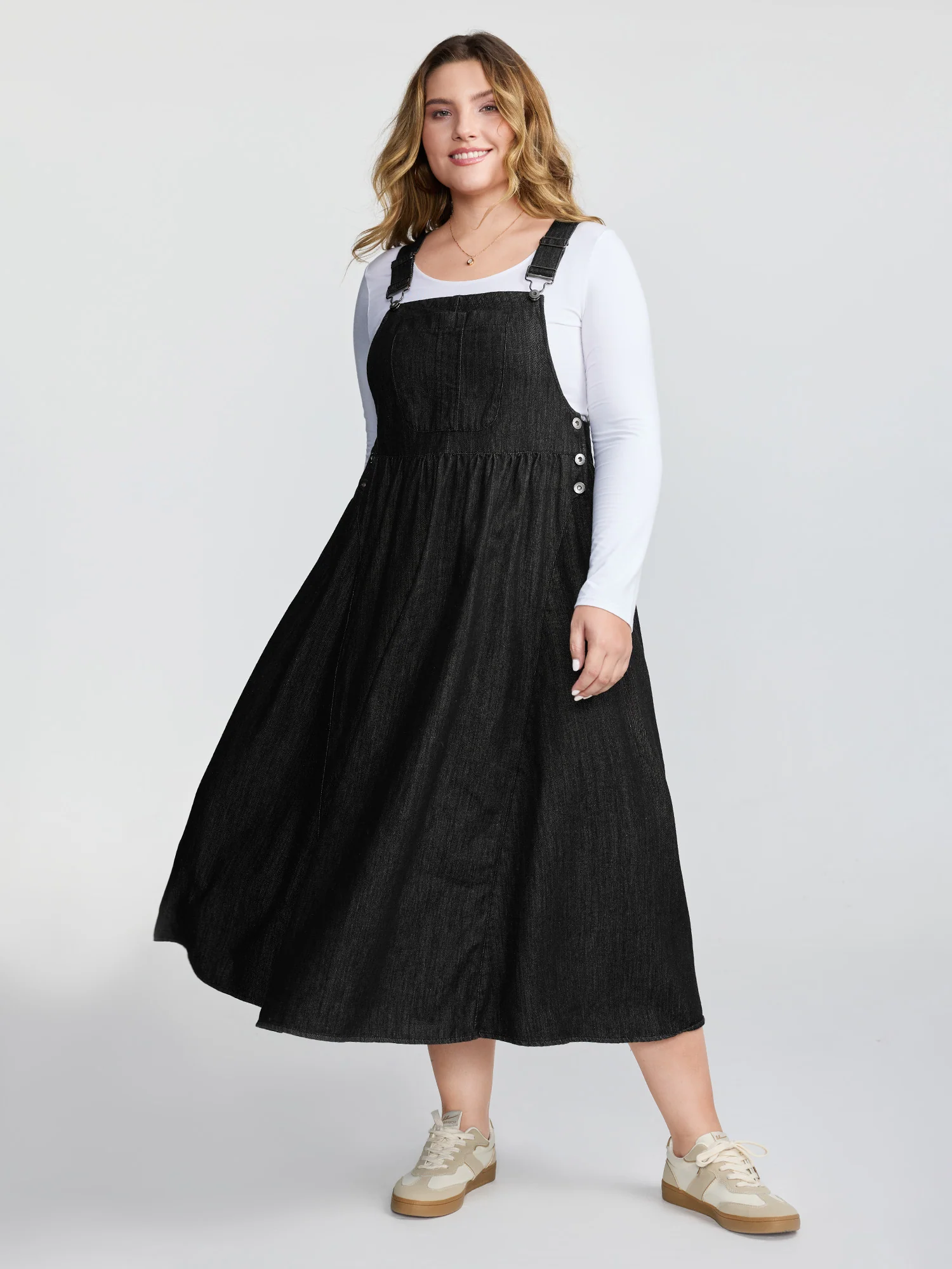 Denim Adjustable Overall Straps Pockets Midi Dress - Image 11