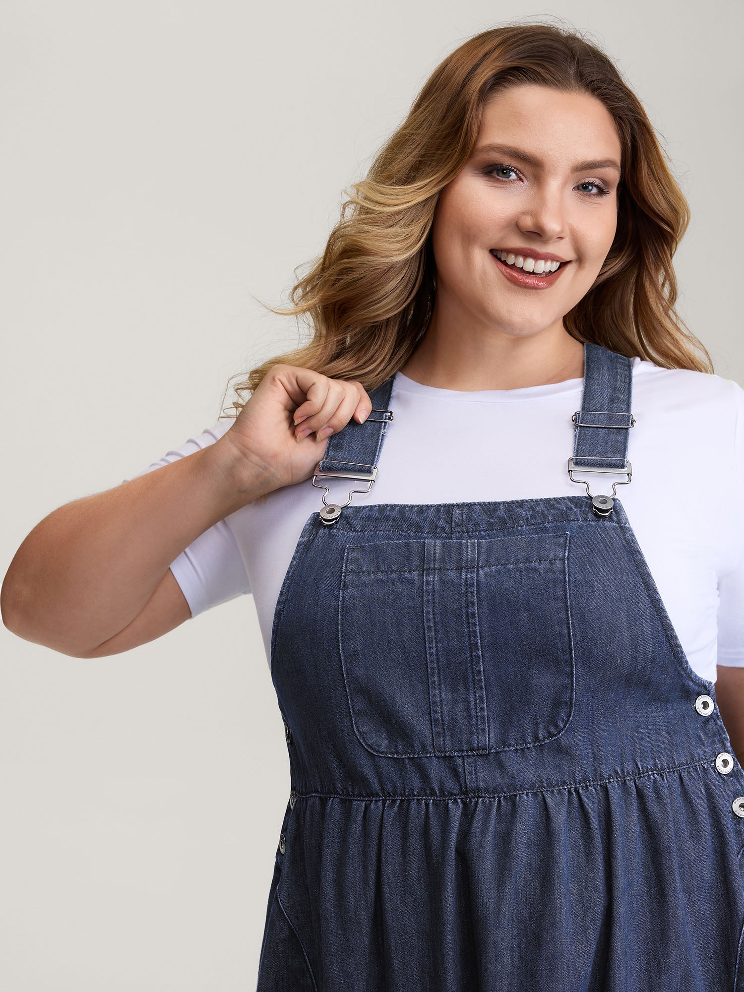 Denim Adjustable Overall Straps Pockets Midi Dress - Image 2