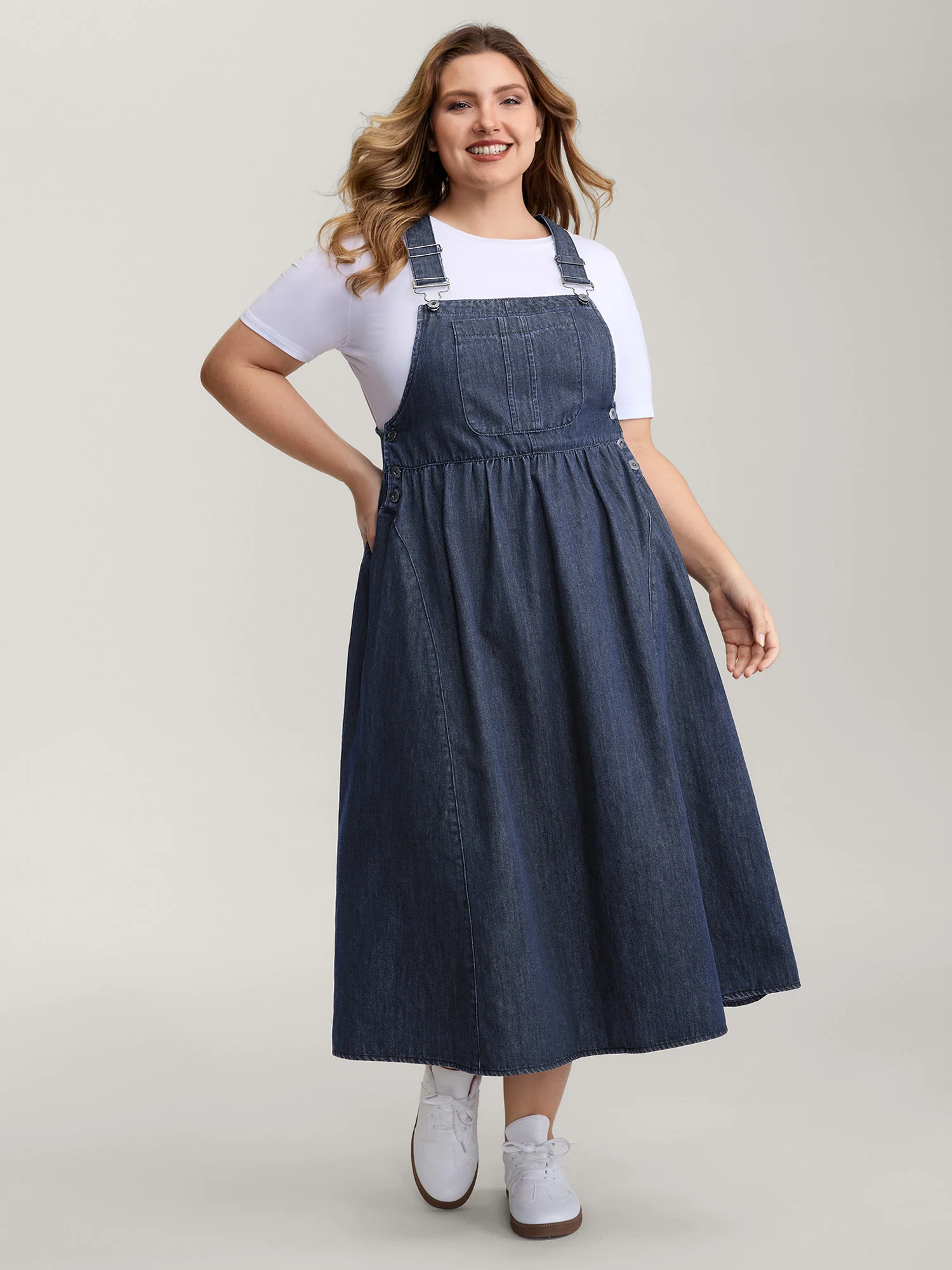Denim Adjustable Overall Straps Pockets Midi Dress - Image 3