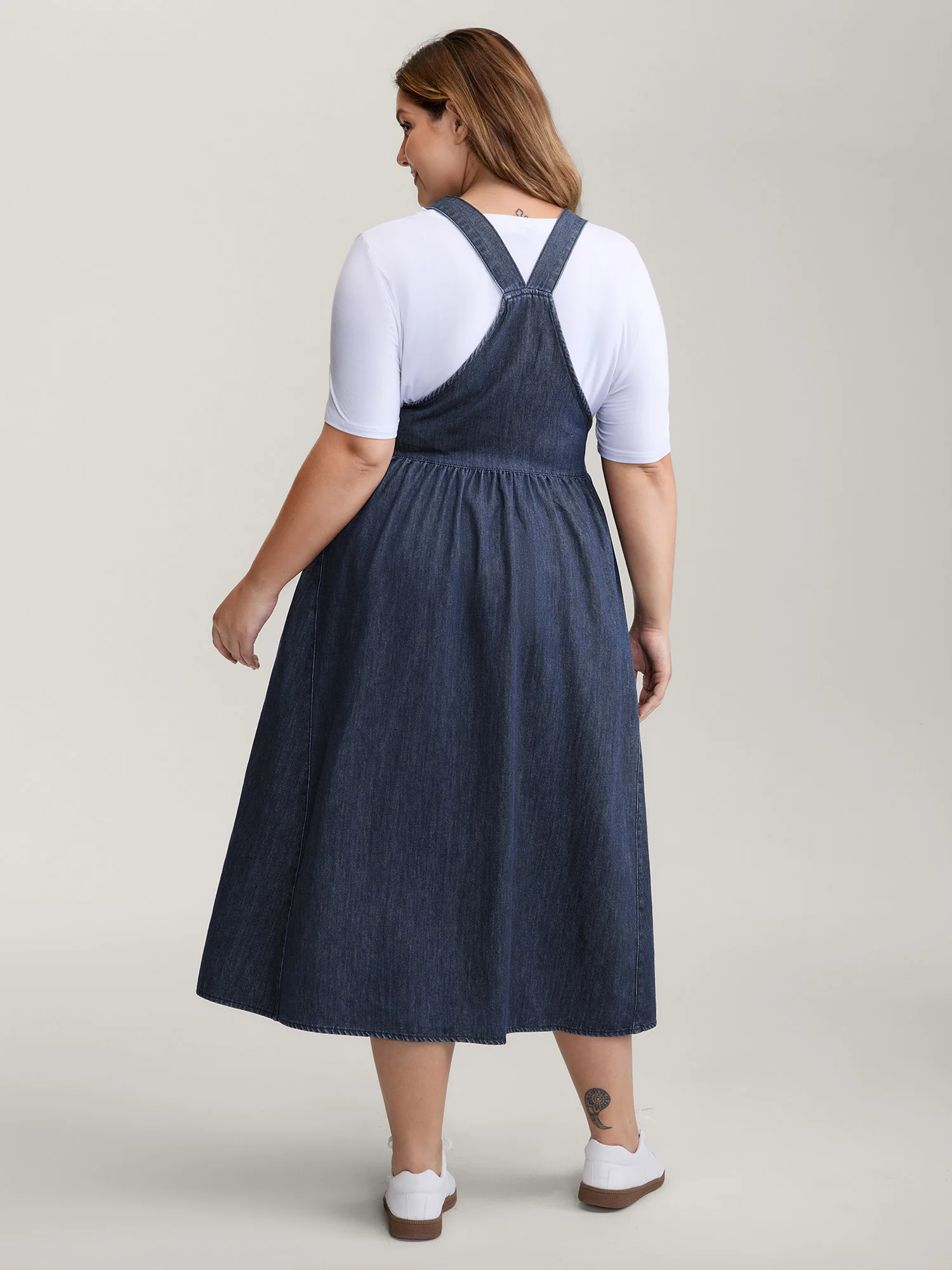 Denim Adjustable Overall Straps Pockets Midi Dress - Image 5