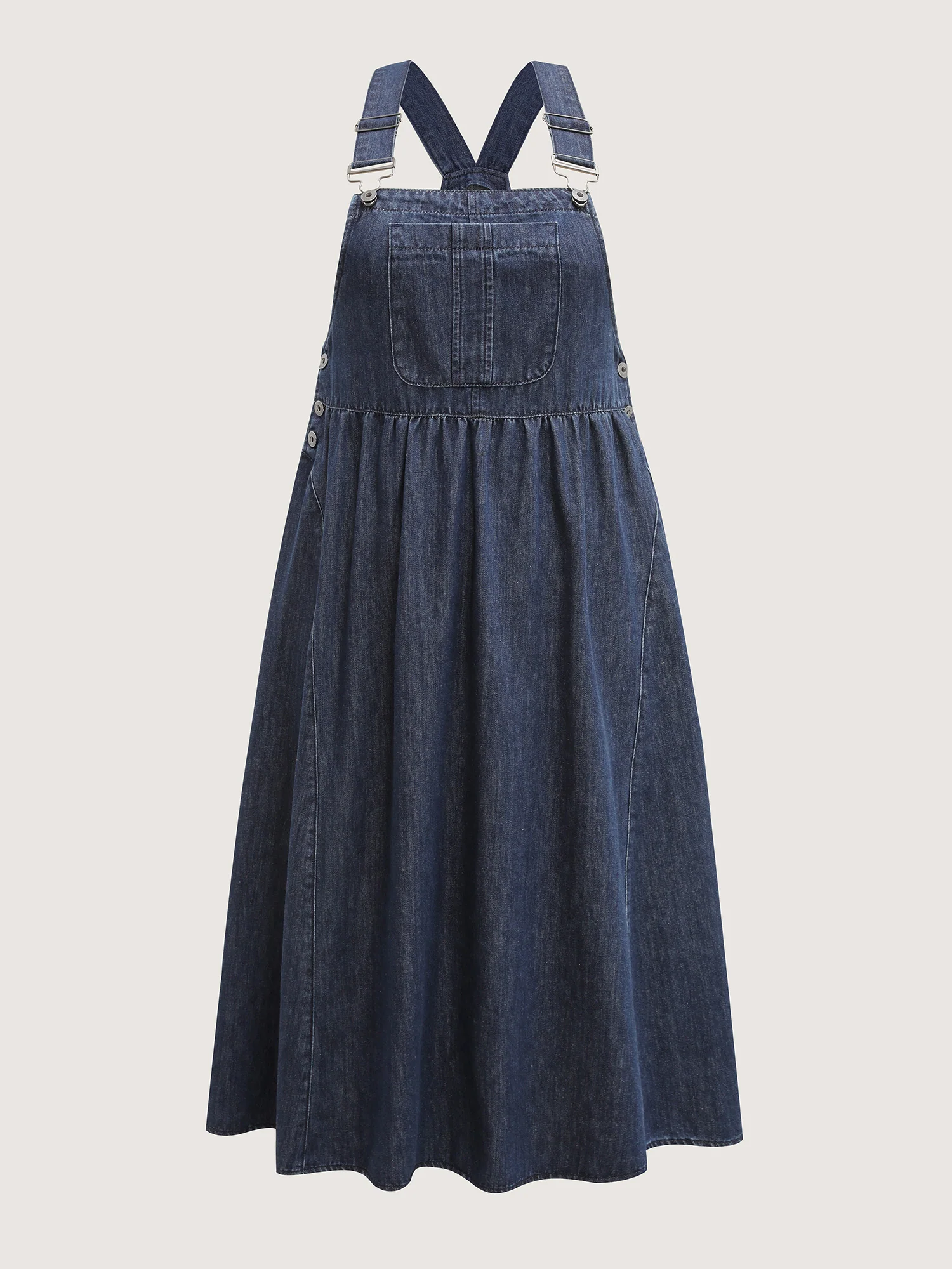 Denim Adjustable Overall Straps Pockets Midi Dress - Image 8