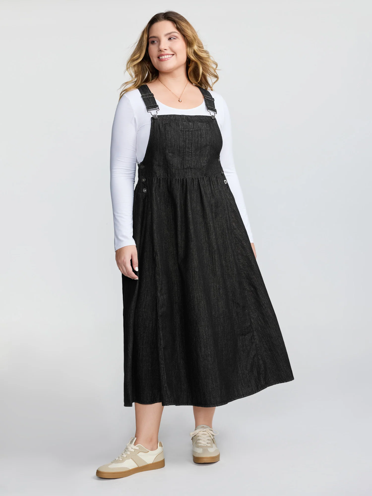 Denim Adjustable Overall Straps Pockets Midi Dress - Image 9