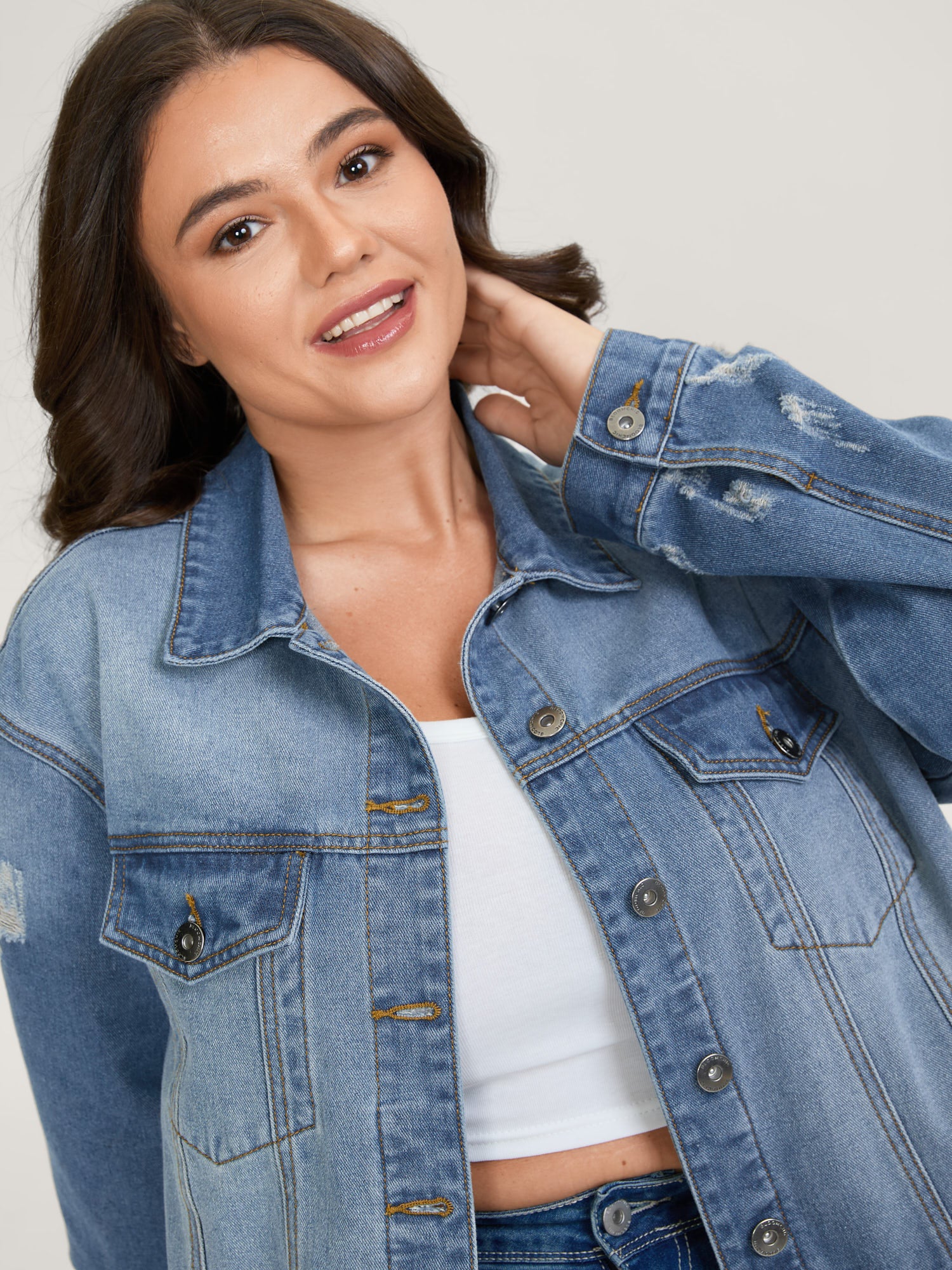 Denim Chest Flaps Cropped Jacket - Image 2