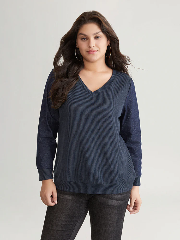 Denim Effect Patchwork Waffle Knit Sweatshirt