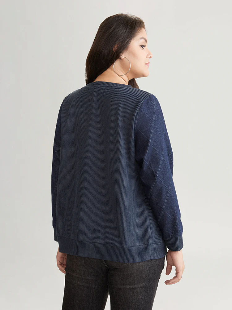 Denim Effect Patchwork Waffle Knit Sweatshirt - Image 2
