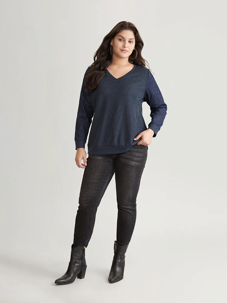 Denim Effect Patchwork Waffle Knit Sweatshirt - Image 3