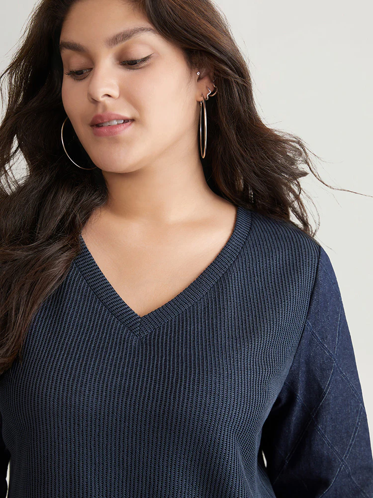 Denim Effect Patchwork Waffle Knit Sweatshirt - Image 4