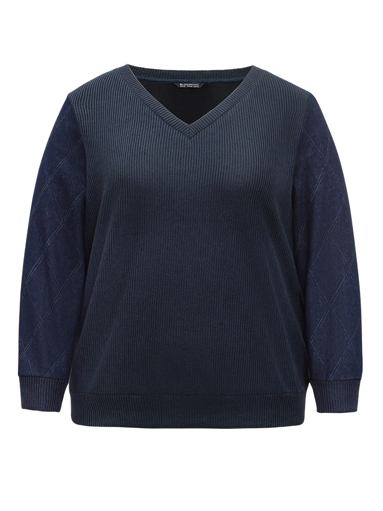Denim Effect Patchwork Waffle Knit Sweatshirt - Image 5