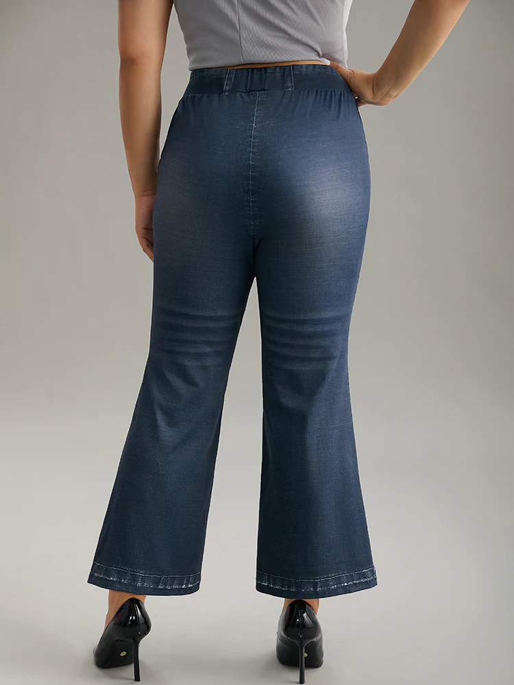 Denim Effect Print Elastic Waist Flare Leg Leggings - Image 2