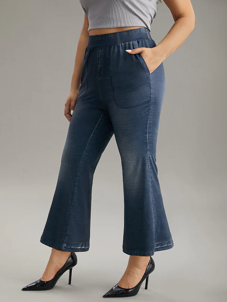 Denim Effect Print Elastic Waist Flare Leg Leggings - Image 3