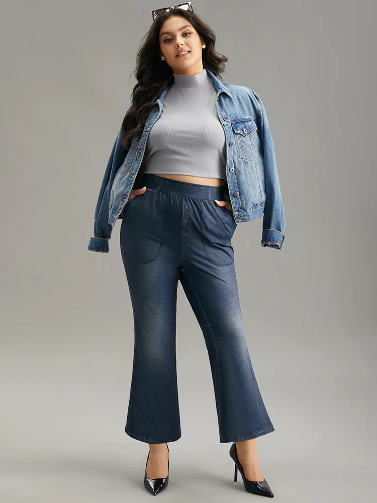 Denim Effect Print Elastic Waist Flare Leg Leggings - Image 4