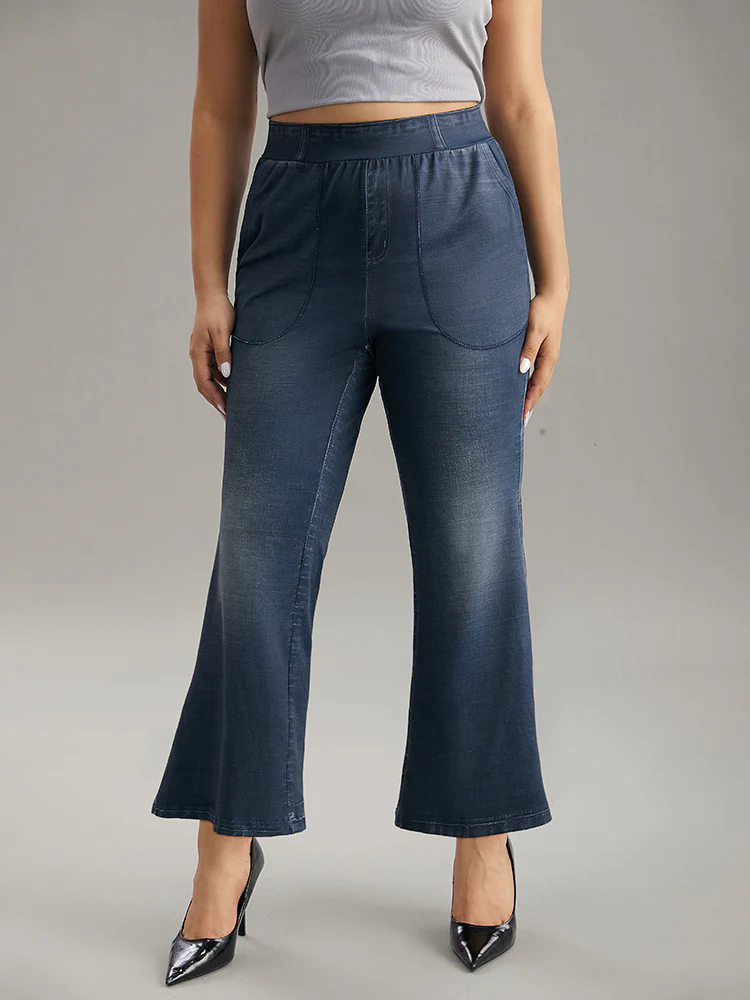 Denim Effect Print Elastic Waist Flare Leg Leggings - Image 5