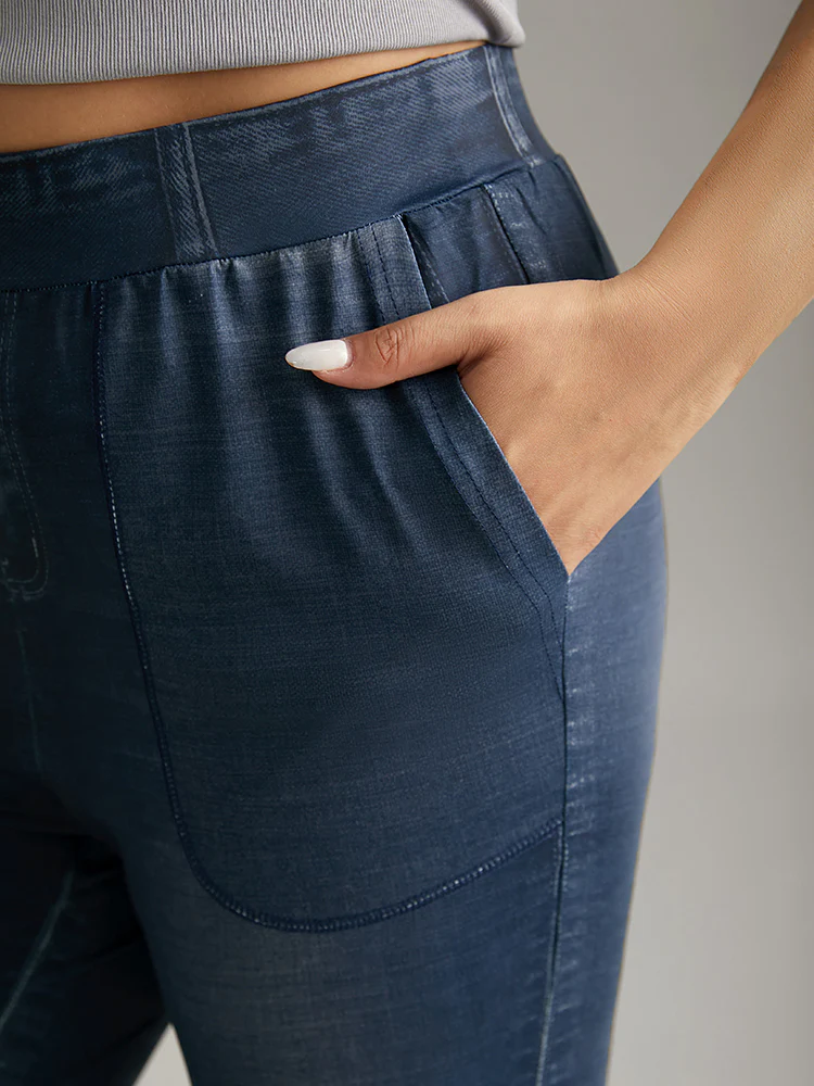 Denim Effect Print Elastic Waist Flare Leg Leggings - Image 6