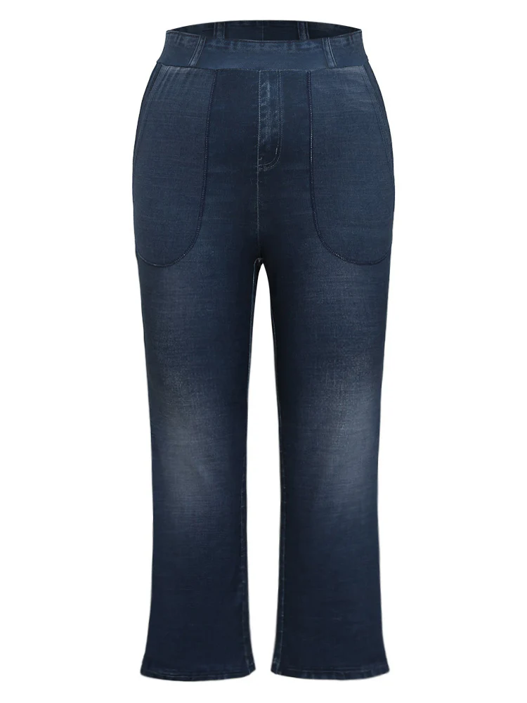 Denim Effect Print Elastic Waist Flare Leg Leggings - Image 8