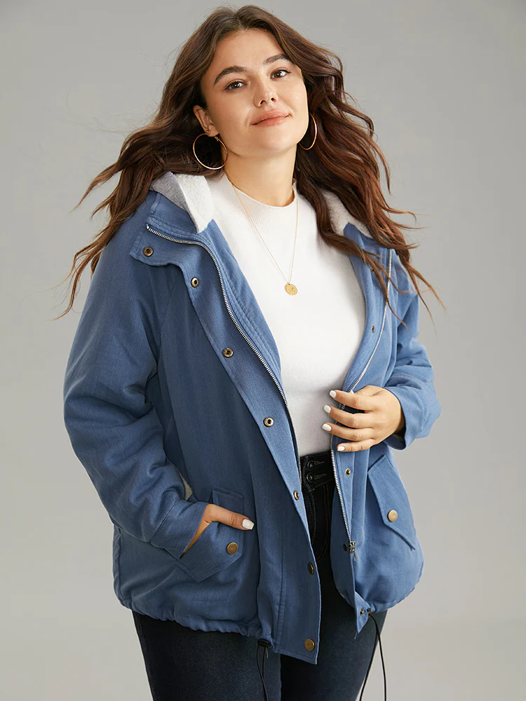 Denim Hooded Drawstring Fuzzy Patchwork Jacket - Image 2