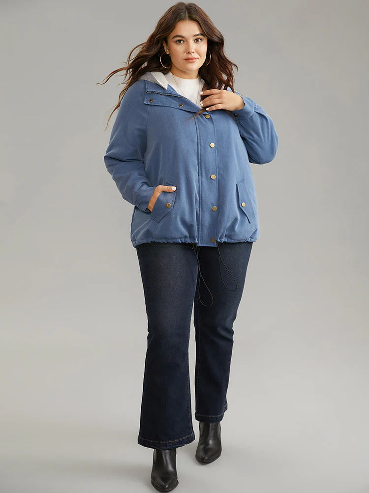 Denim Hooded Drawstring Fuzzy Patchwork Jacket - Image 3