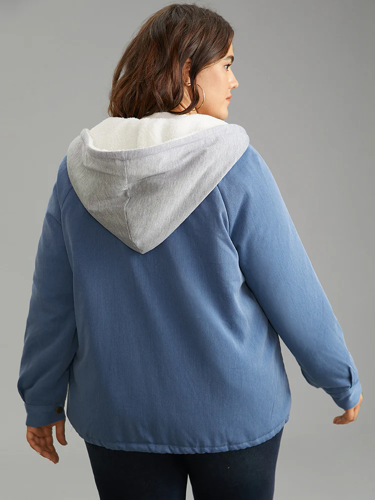 Denim Hooded Drawstring Fuzzy Patchwork Jacket - Image 4