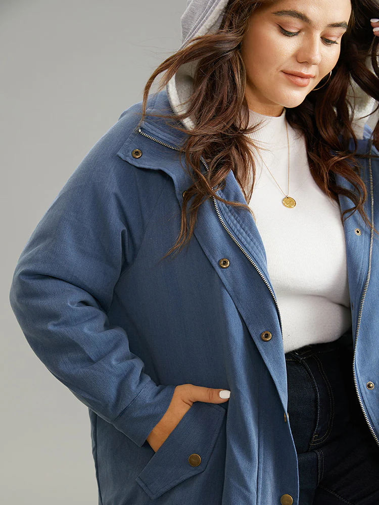 Denim Hooded Drawstring Fuzzy Patchwork Jacket - Image 5