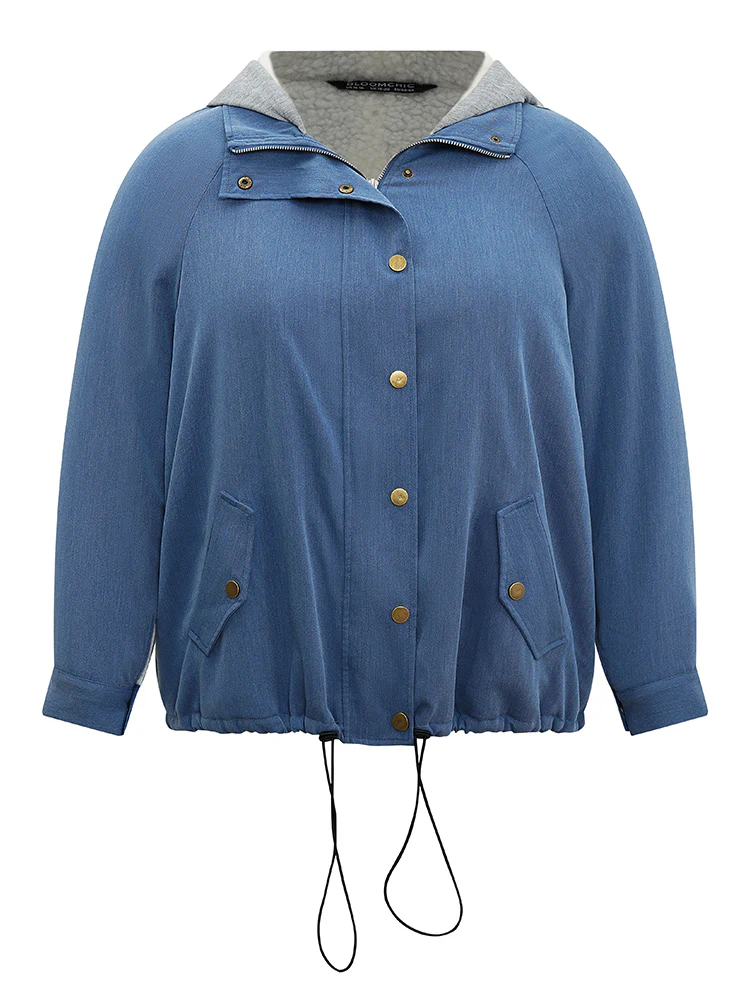 Denim Hooded Drawstring Fuzzy Patchwork Jacket - Image 6