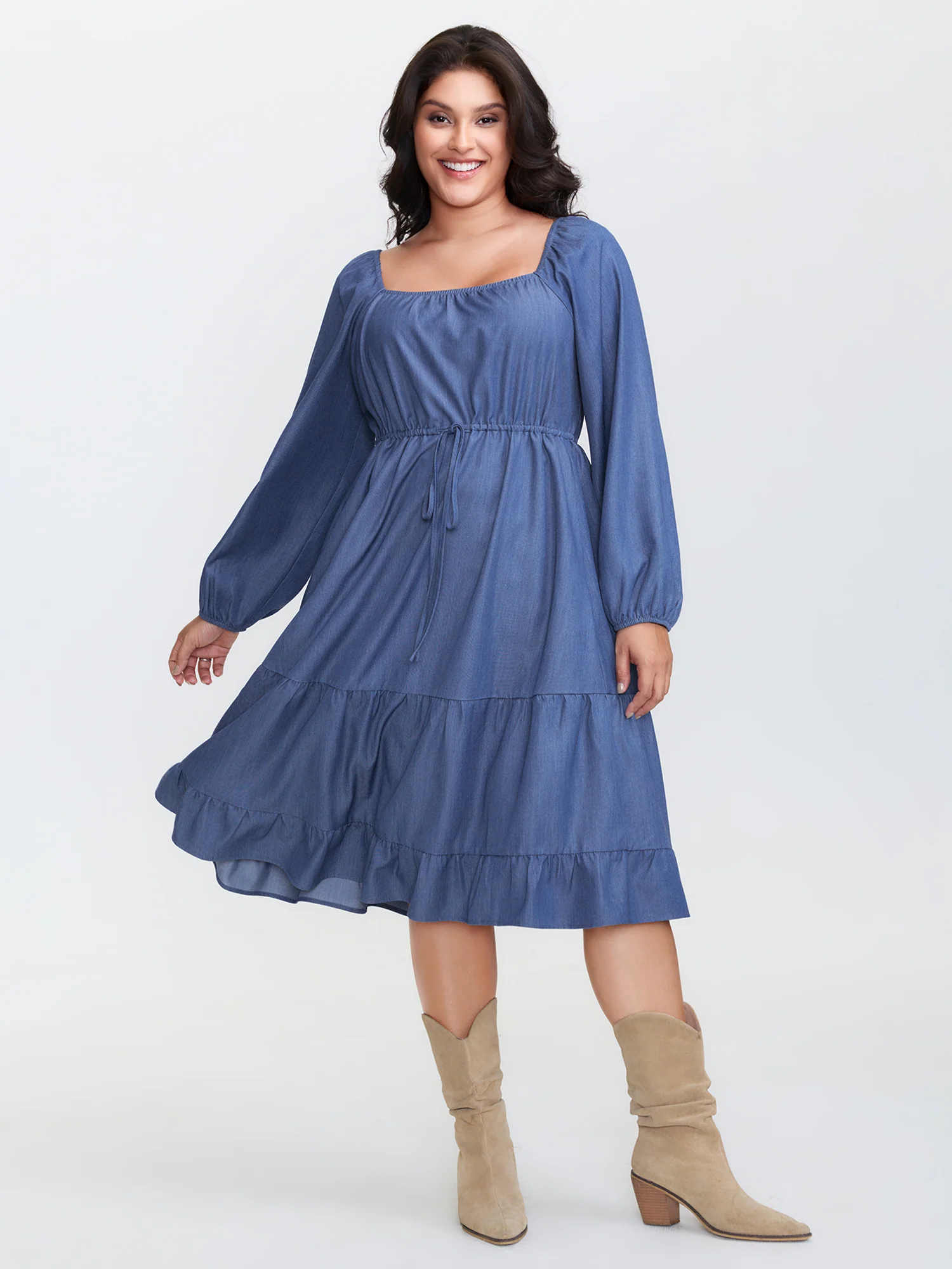 Denim-Like Cinched-Waist Pockets Midi Dress - Image 3