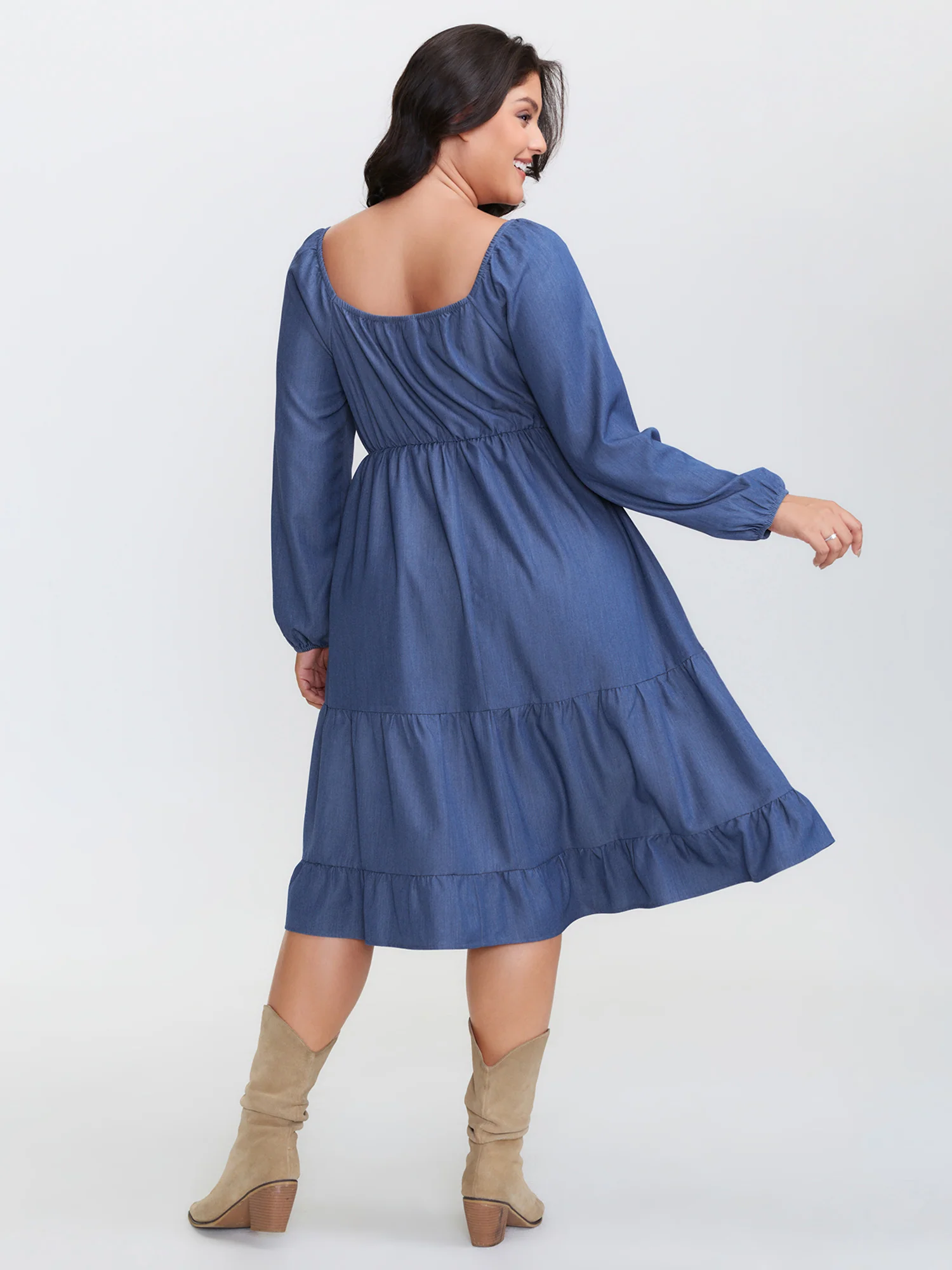 Denim-Like Cinched-Waist Pockets Midi Dress - Image 4