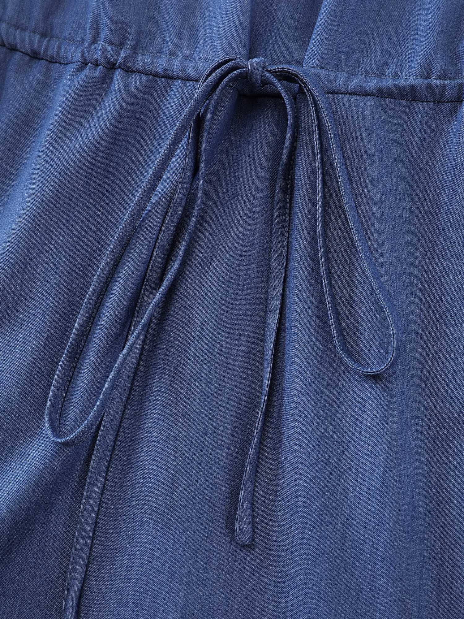Denim-Like Cinched-Waist Pockets Midi Dress - Image 5