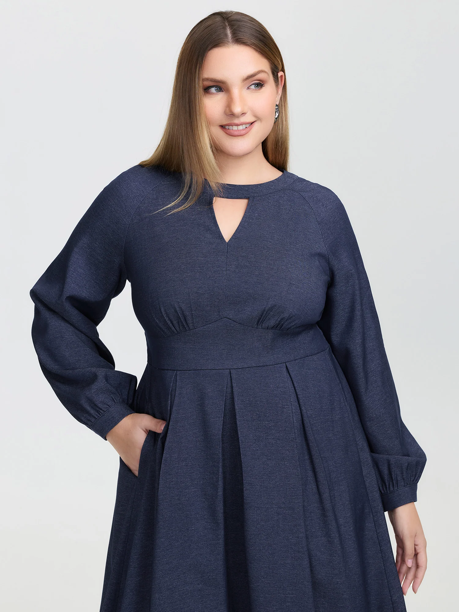 Denim-Like Pleated Cut-Out Neck Maxi Dress - Image 2