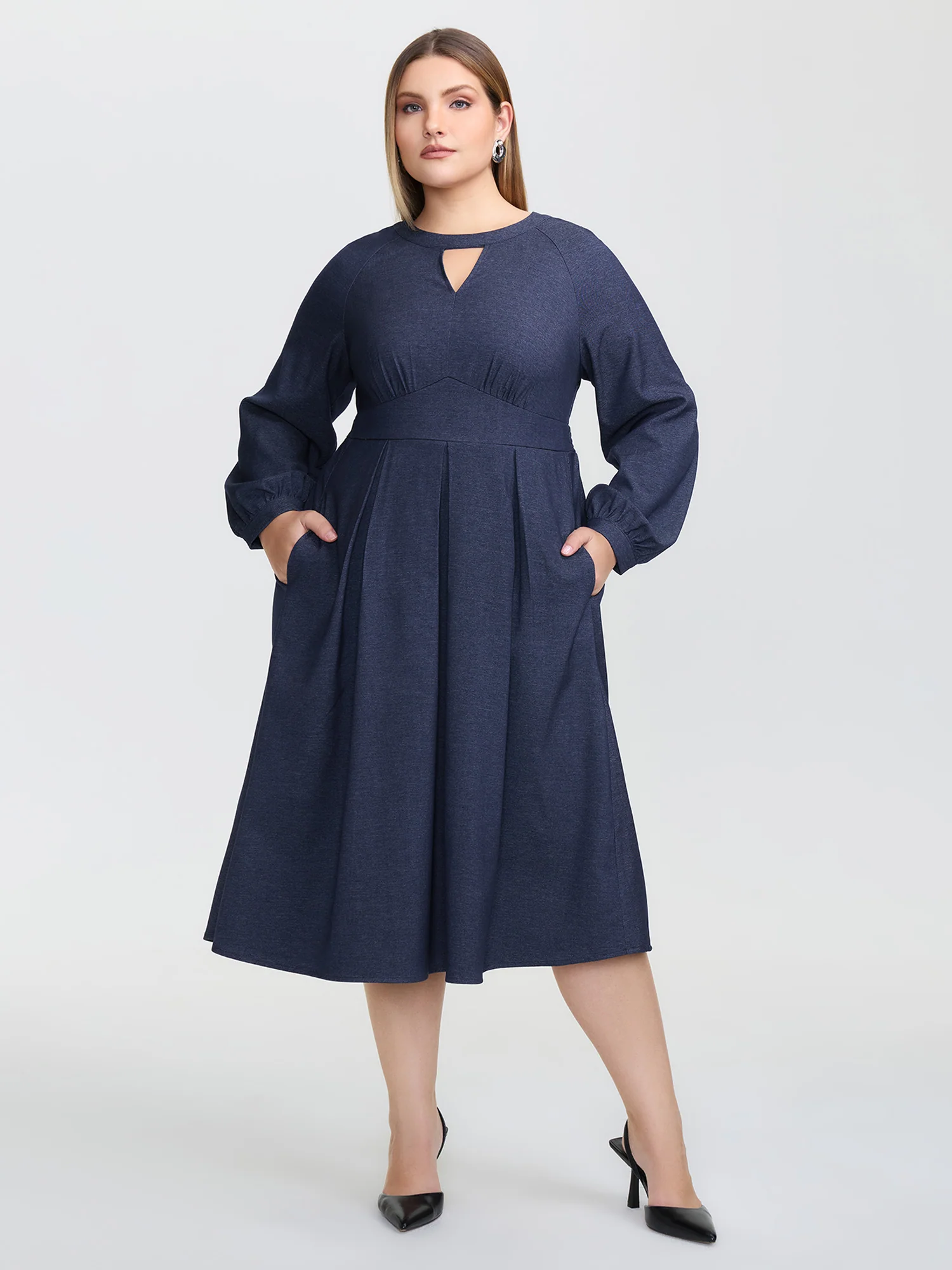 Denim-Like Pleated Cut-Out Neck Maxi Dress - Image 3