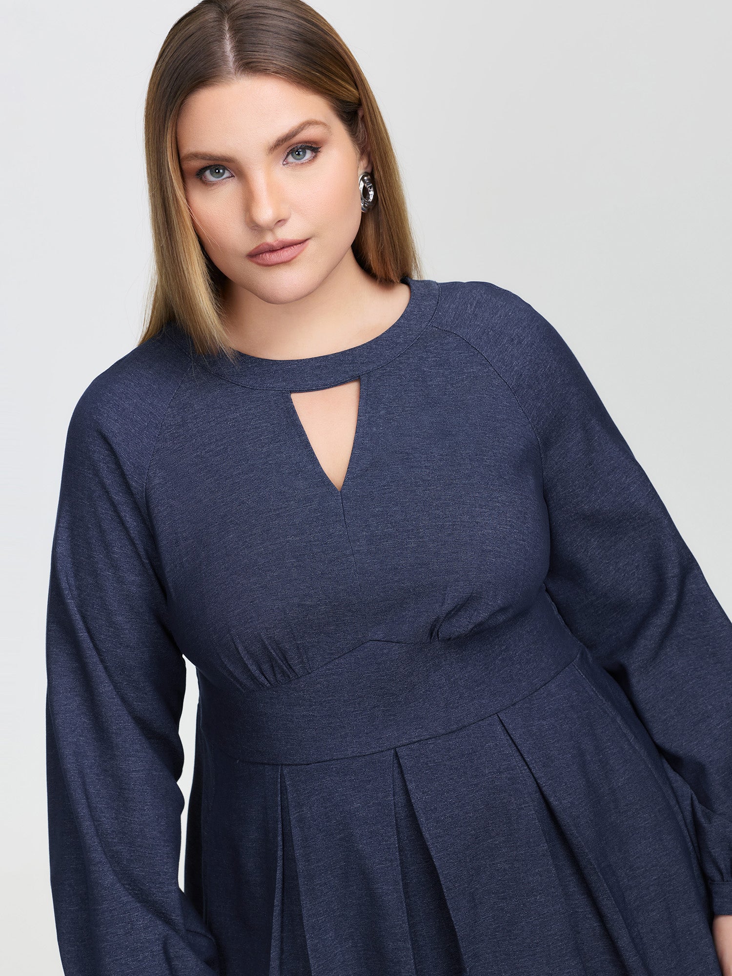 Denim-Like Pleated Cut-Out Neck Maxi Dress - Image 4