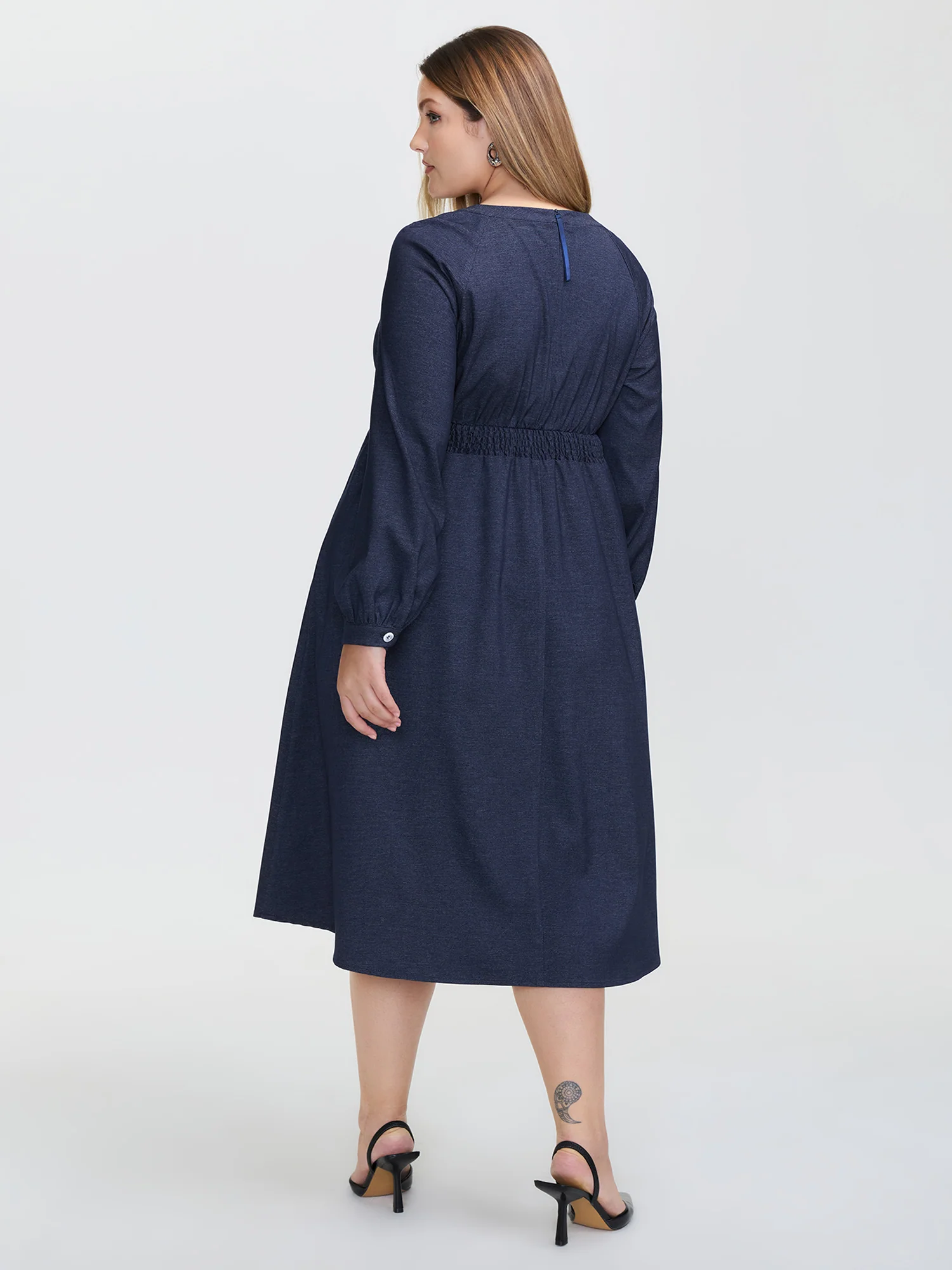 Denim-Like Pleated Cut-Out Neck Maxi Dress - Image 5