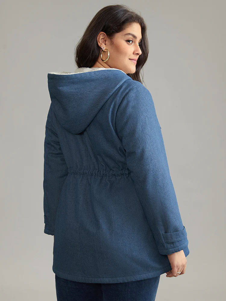 Denim Patchwork Fuzzy Trim Drawstring Hooded Coat - Image 2
