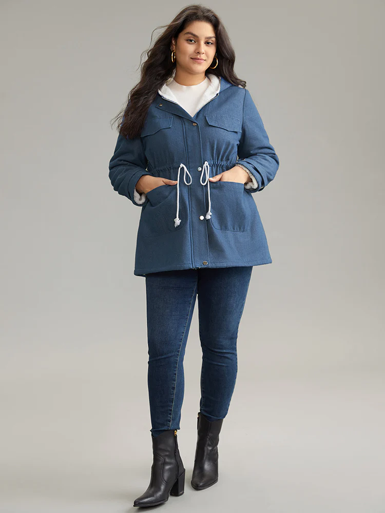 Denim Patchwork Fuzzy Trim Drawstring Hooded Coat - Image 3