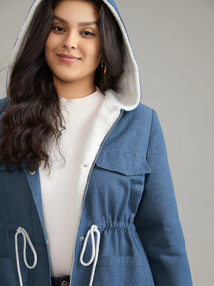 Denim Patchwork Fuzzy Trim Drawstring Hooded Coat - Image 4