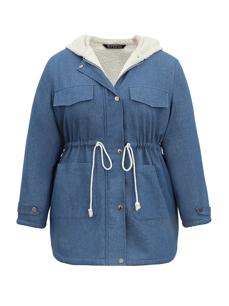 Denim Patchwork Fuzzy Trim Drawstring Hooded Coat - Image 5