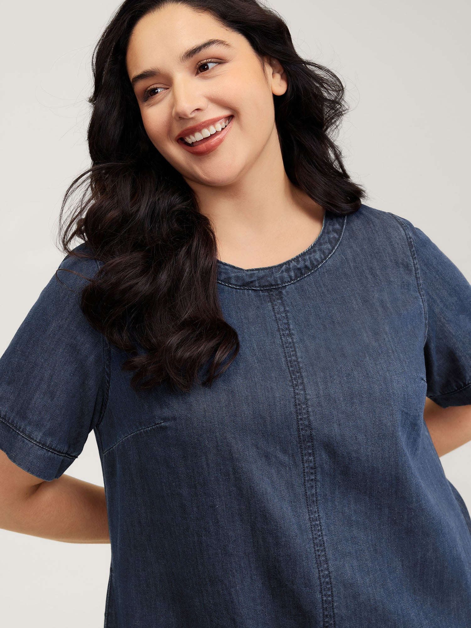 Denim Pockets Button Back Mini Dress - Image 2