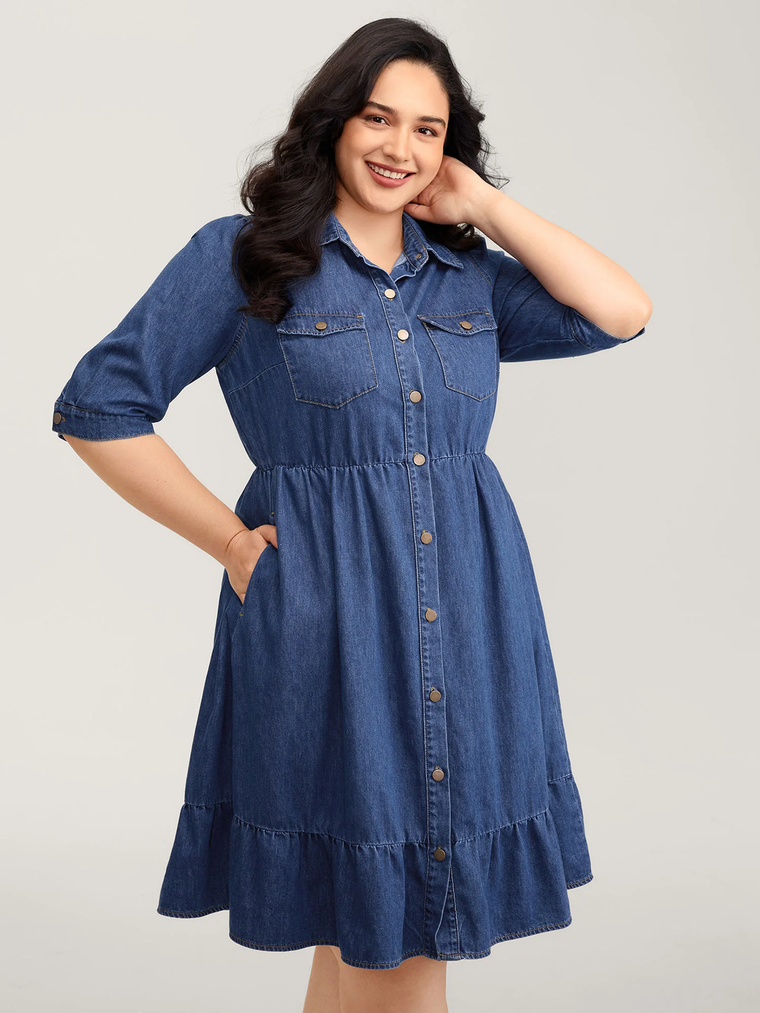 Denim Ruffled Hem Pockets Shirt Dress - Image 3