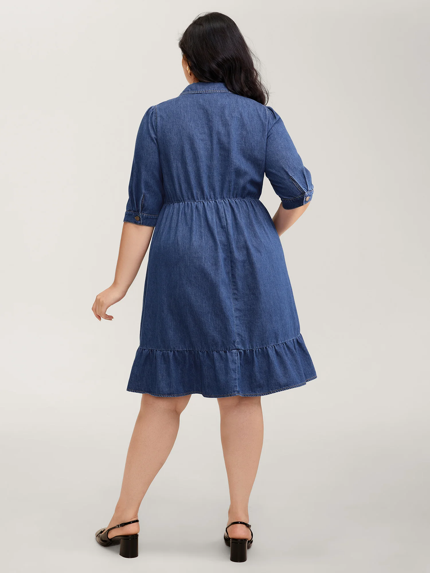 Denim Ruffled Hem Pockets Shirt Dress - Image 4