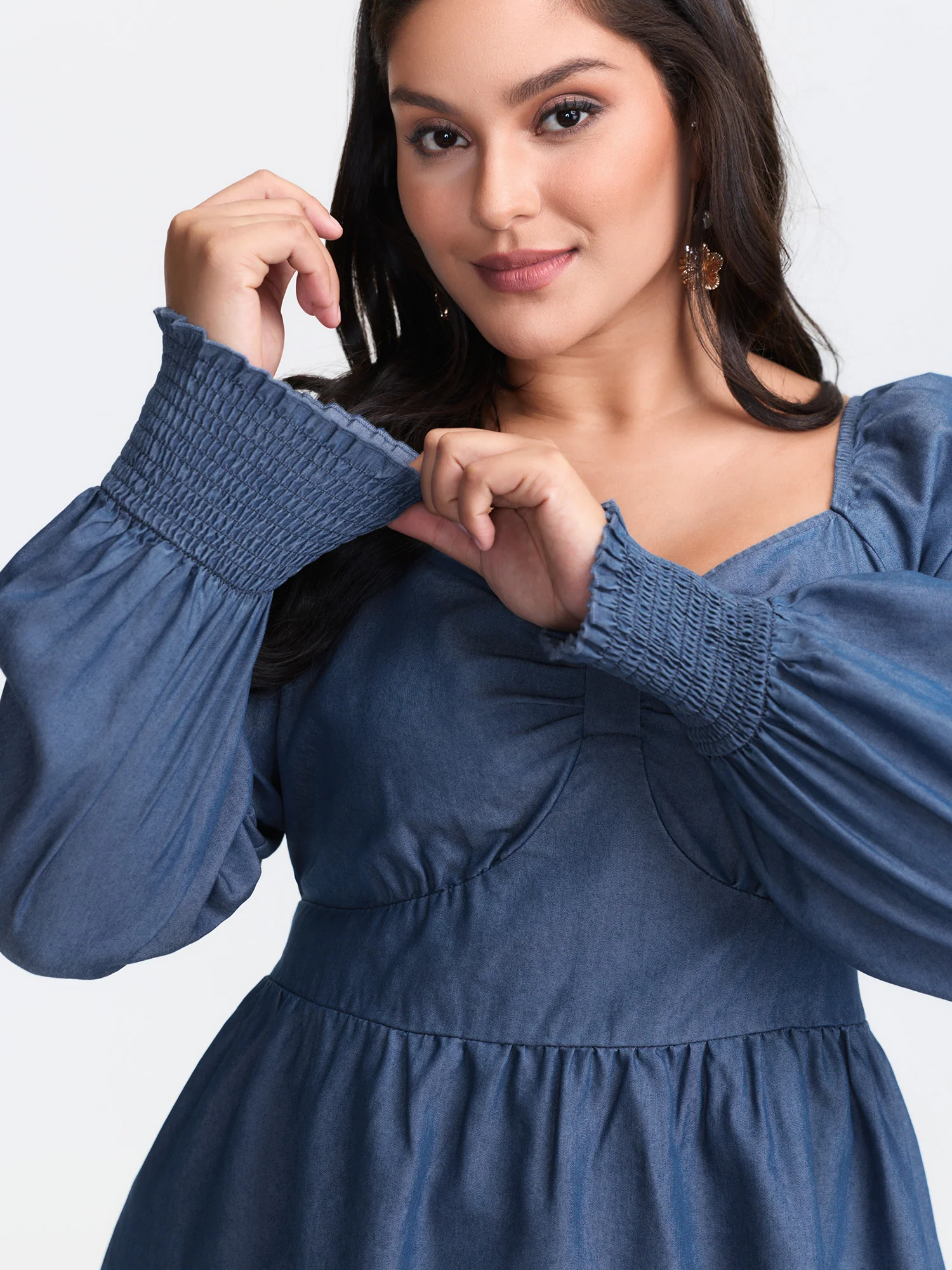 Denim Shirred Back Sweetheart Neck Blouse - Image 2