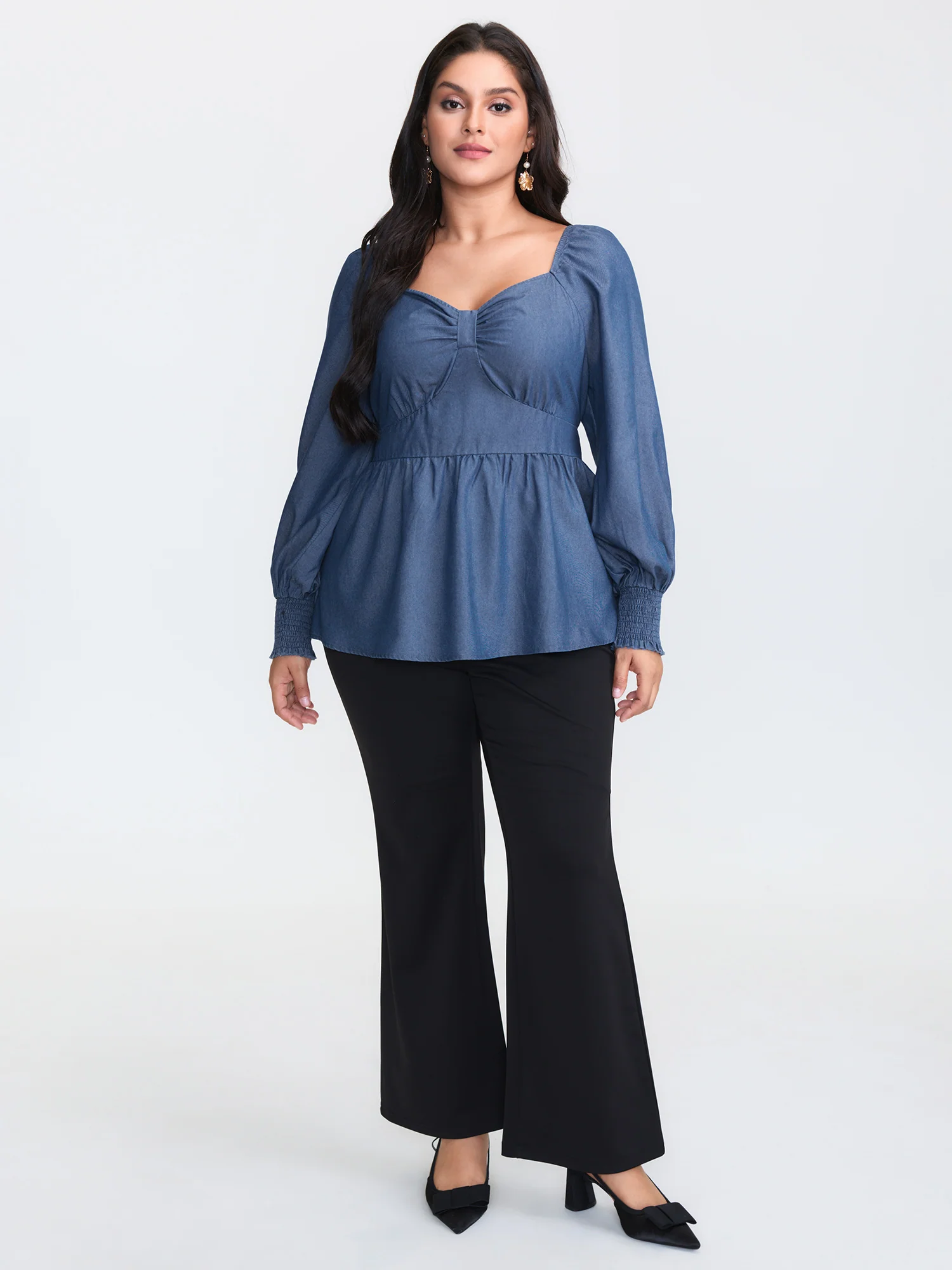 Denim Shirred Back Sweetheart Neck Blouse - Image 3