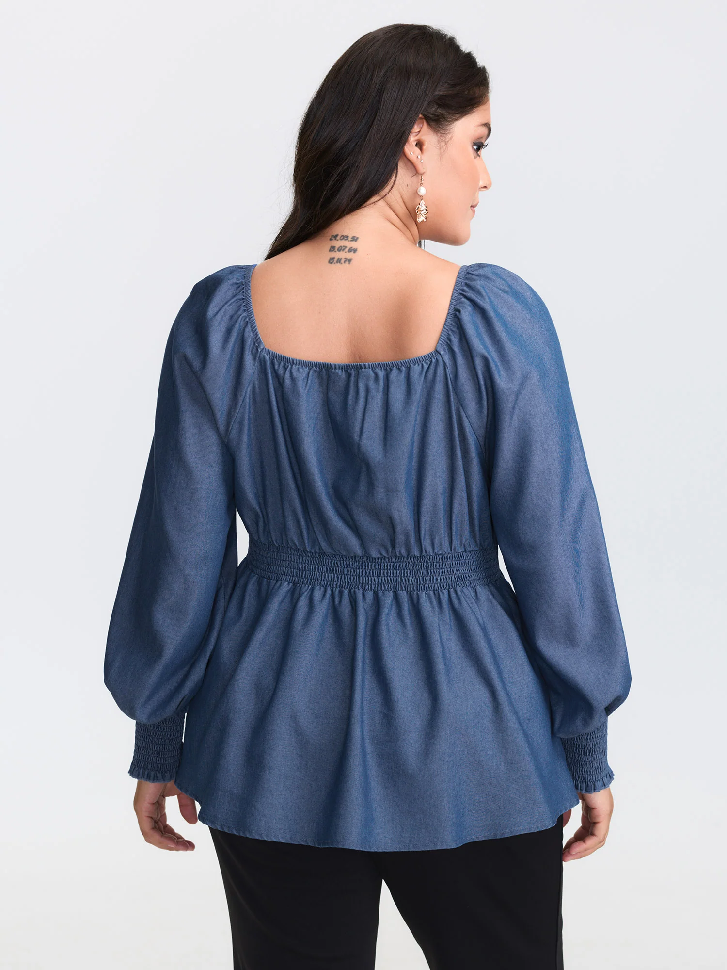 Denim Shirred Back Sweetheart Neck Blouse - Image 4