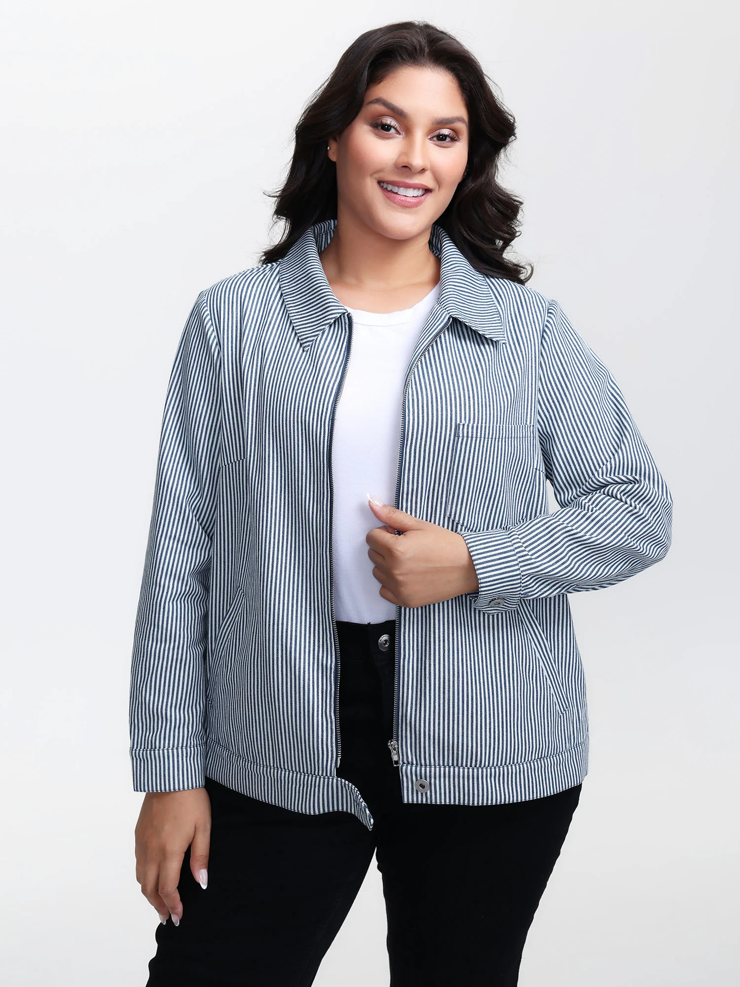 Denim Stripe Zipper-Front Jacket - Image 5