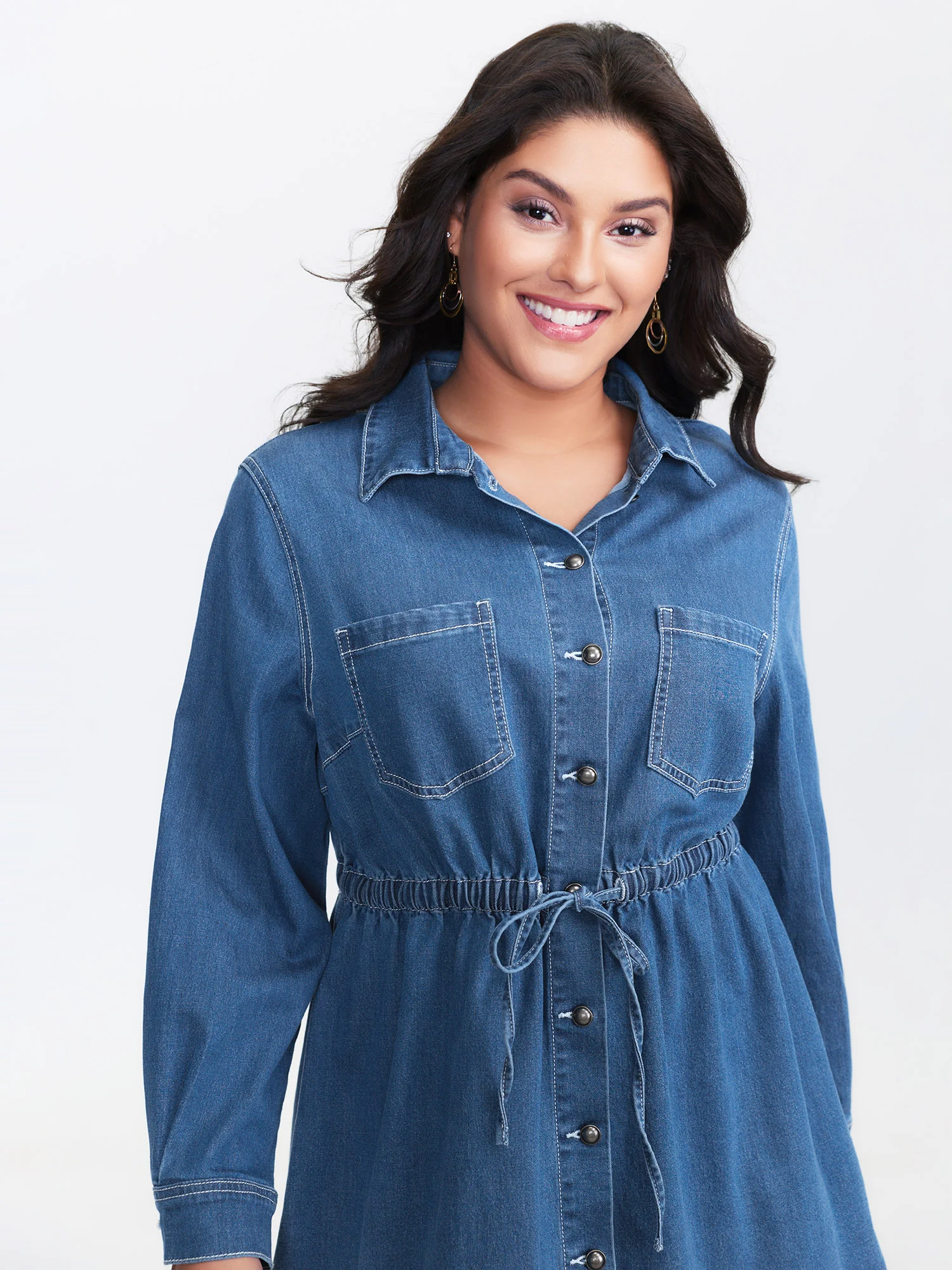Denim Waist-Defining Shirt Dress - Image 2