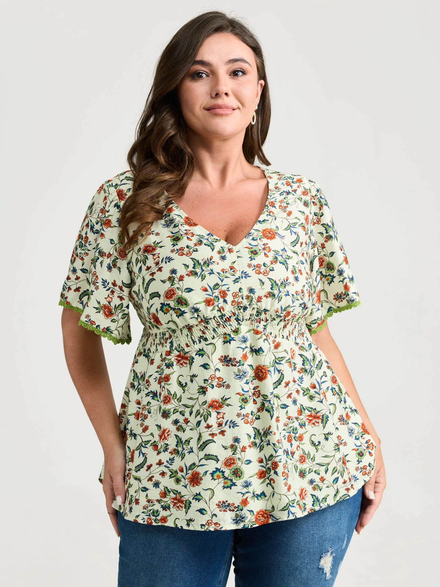 Dense Floral Print Bustier Shirred Waist Blouse - Image 2