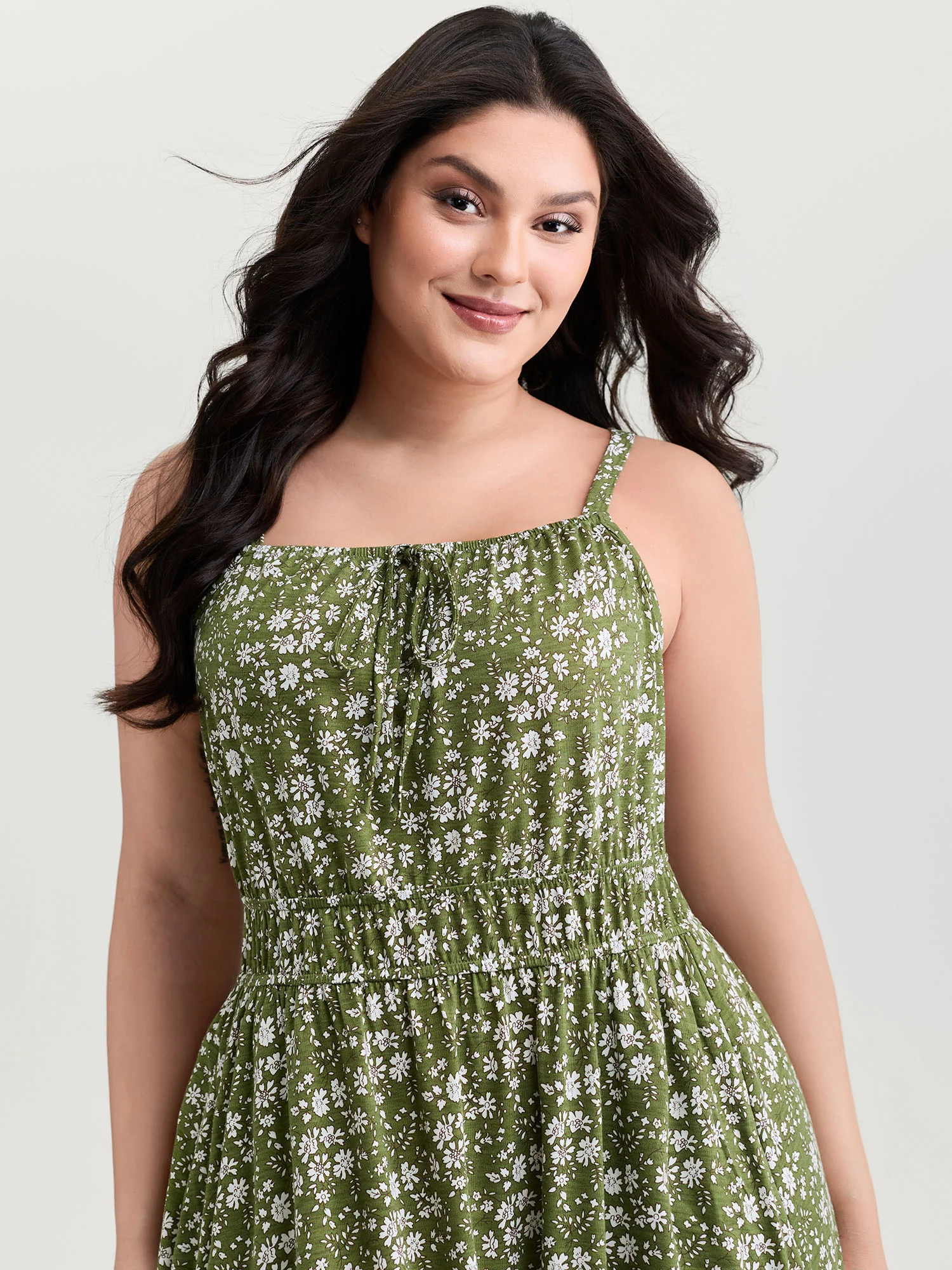 Dense Floral Print Cinched-Waist Midi Dress - Image 2