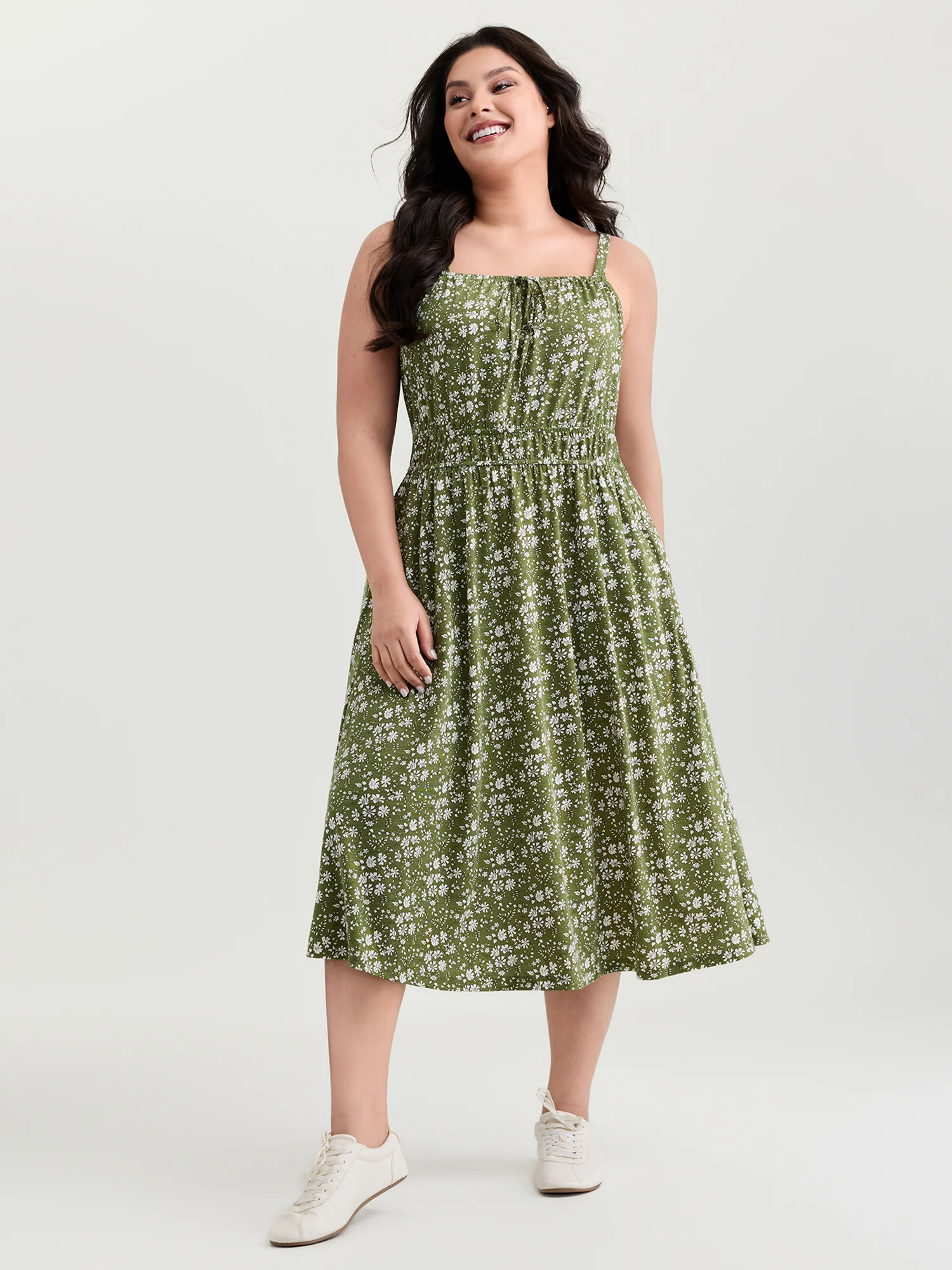Dense Floral Print Cinched-Waist Midi Dress - Image 3