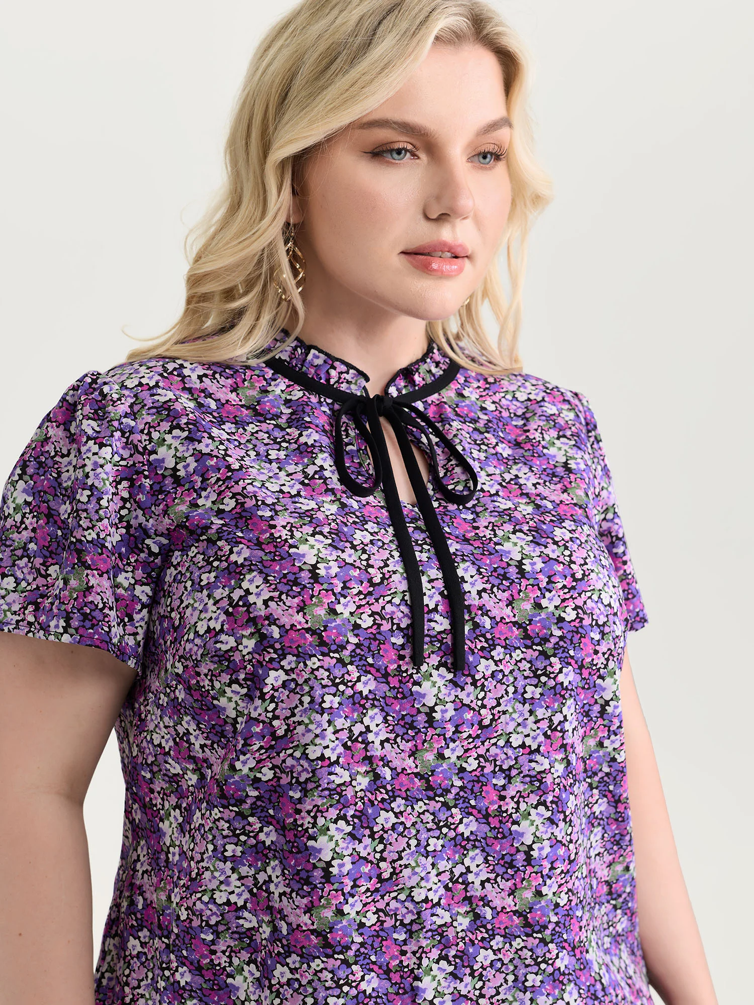 Dense Floral Print Ruffled Mock Neck Blouse - Image 2