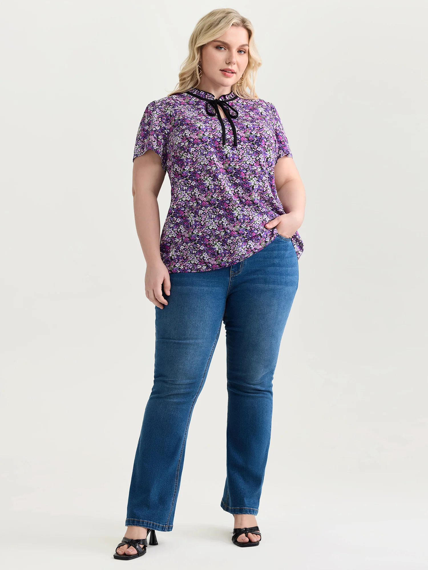 Dense Floral Print Ruffled Mock Neck Blouse - Image 3