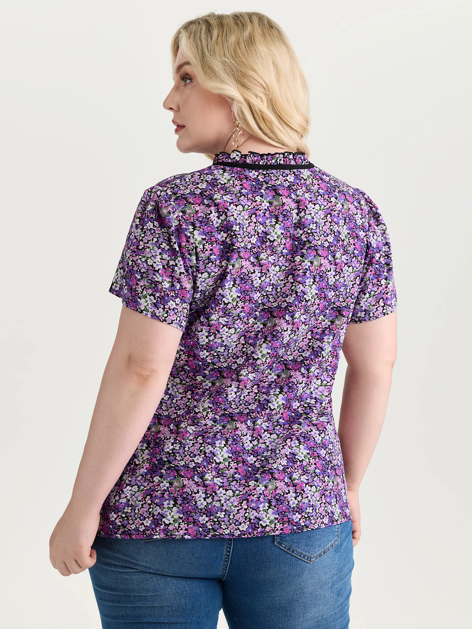Dense Floral Print Ruffled Mock Neck Blouse - Image 4
